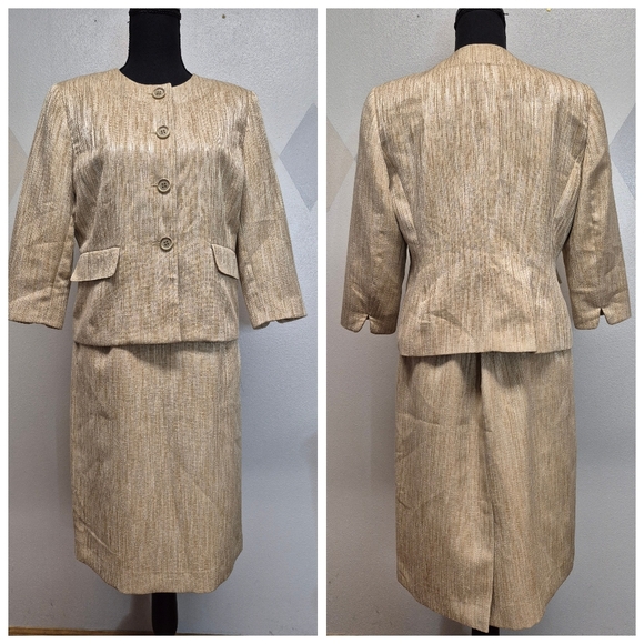 Chic Vintage Gold & Cream Skirt Suit Set Size 10P - Picture 1 of 16